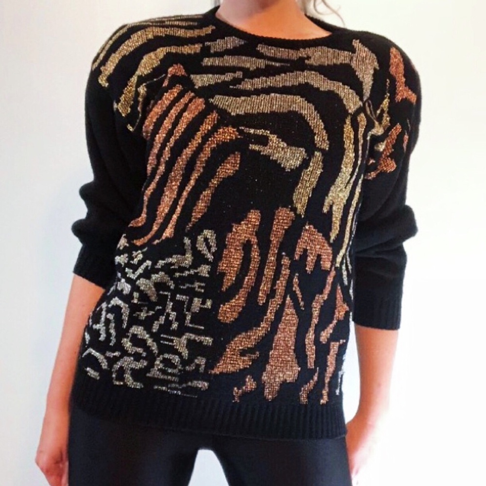 Vintage sparkly knit gold, black, silver sweater